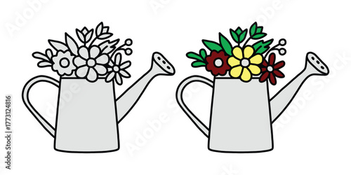 Watering Can with Flowers Vector Illustration. Gardening Design Set. Floral Watering Can Vector