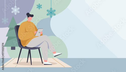 Cozy winter work person uses tablet near a Christmas tree and snowflakes Flat vector background with copy space