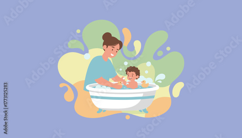 Loving mother gives happy baby a bath with rubber ducks Family care and cheerful lifestyle illustration