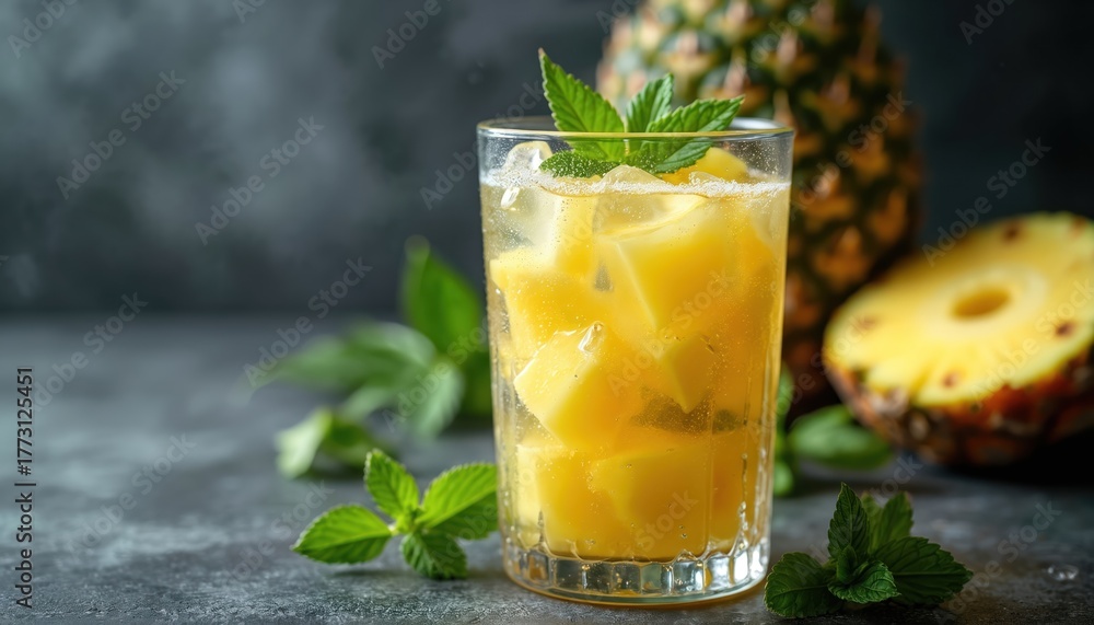 Fototapeta premium Refreshing pineapple drink with ice, mint in glass. Cold tropical fruit beverage stands on dark table. Delicious summer cocktail healthy juice from ripe ananas. Detox water for healthy dieting menu.