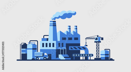 Modern graphic illustration of an industrial plant production facility and manufacturing hub