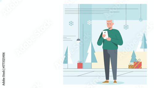 Elderly man uses tablet in modern winter scene with gifts and snowflakes Online holiday shopping concept