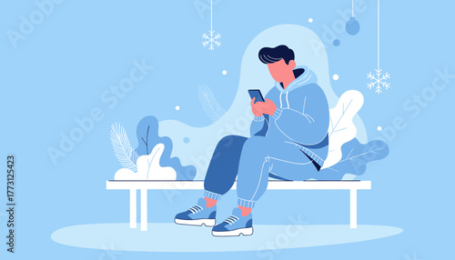 Man in hoodie uses smartphone on a bench in a minimalist winter scene Technology and leisure