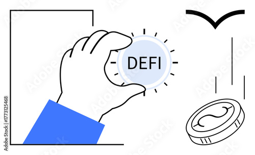 Simplified hand holding glowing DeFi coin, falling traditional coin. Ideal for fintech, cryptocurrency, decentralization, investment, blockchain, innovation digital economy themes. Simple flat