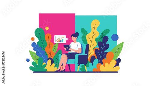 Woman analyzing financial data on tablet surrounded by colorful abstract plants