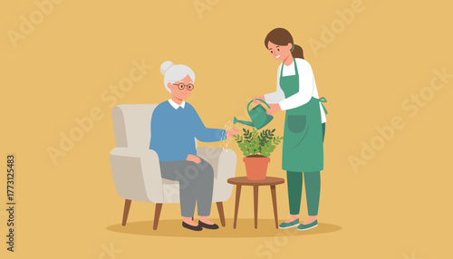 Caregiver helps senior woman water a houseplant Assistance home care and retirement concept