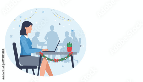 Female office worker busy on laptop in a festive corporate workspace during the winter holidays