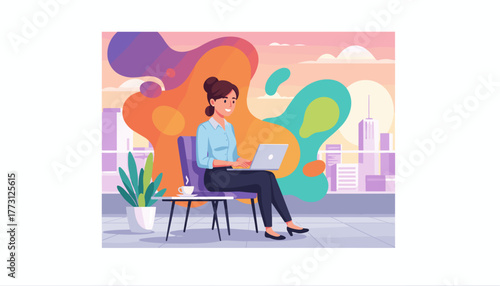 Remote work on a city rooftop terrace Smiling professional woman using a laptop outdoors