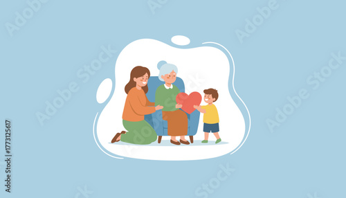 Three generations sharing love and care Grandmother mother and boy hold a red heart Family bond concept