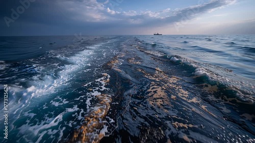 Wallpaper Mural Dark Blue Sea with Waves and Foam and a Distant Ship Torontodigital.ca