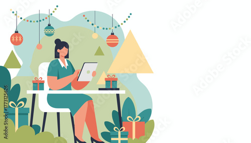 Professional woman uses tablet for festive online shopping surrounded by Christmas gifts