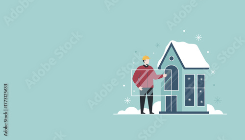 Professional worker installs energyefficient window on a snowcovered home