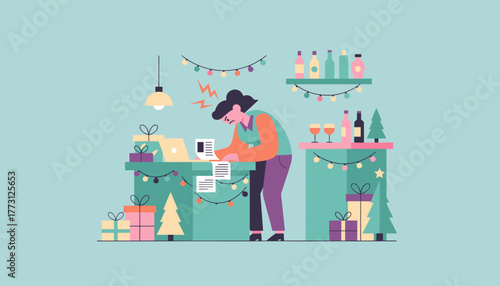 Stressed person works late on documents feeling holiday pressure and burnout amidst Christmas decorations