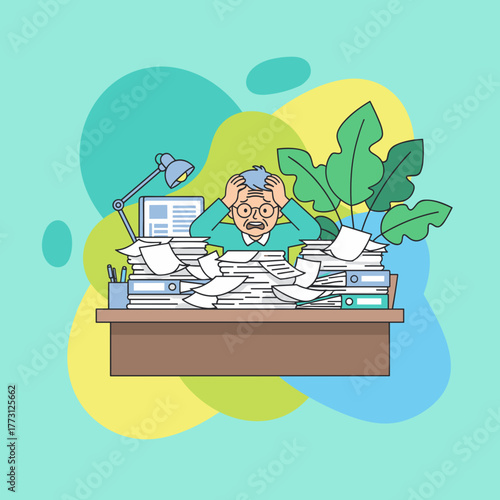 Overworked senior man buried under massive piles of paperwork experiencing stress and burnout
