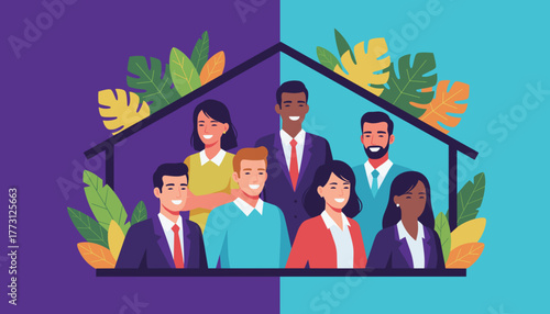 Diverse business team under one roof symbolizing unity community housing security and partnership