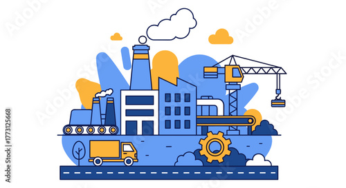 Manufacturing plant line art illustration featuring production crane and logistics