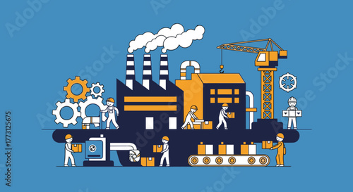 Industrial production line with factory workers cranes and gears Manufacturing concept