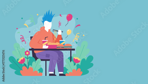 Young person eating fast food and noodles at an outdoor party table casual lifestyle illustration