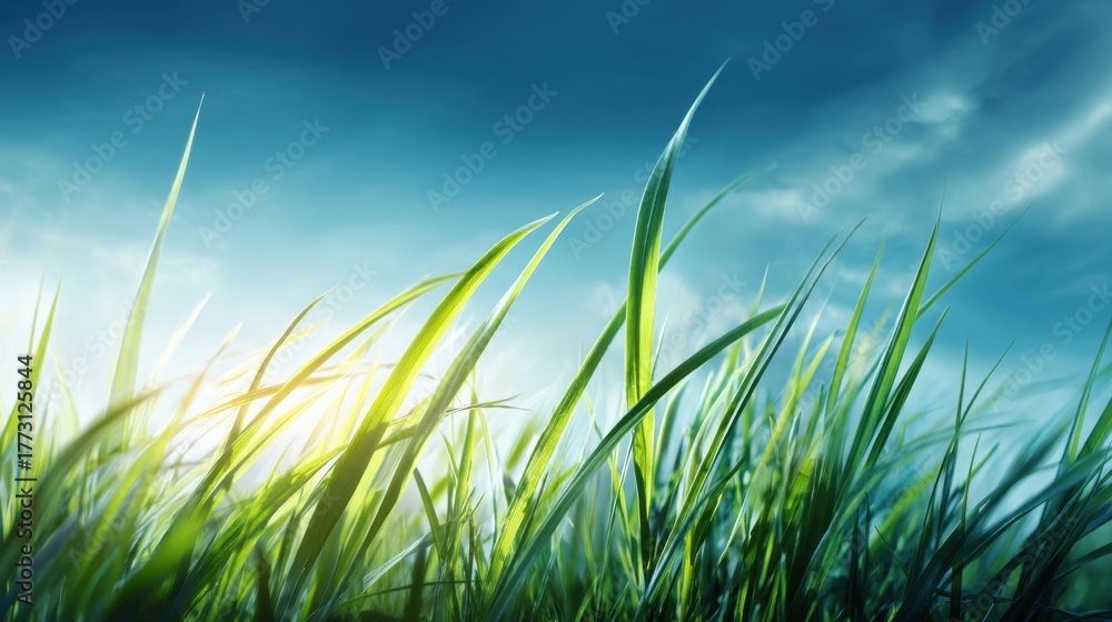 Fototapeta premium Lush Green Grass Under Blue Sky with Bright Sunlight Shining Through Soft Cloudy Background Enhancing Nature's Tranquility and Beauty