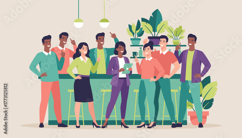 Diverse professional team collaborates happily in a modern relaxed work environment