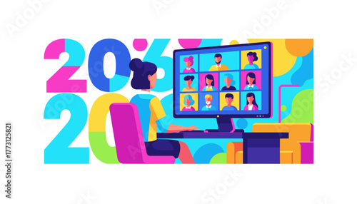 Remote work video conference meeting illustration for 202X digital business collaboration