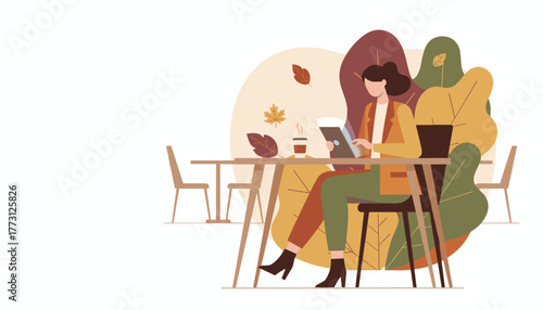 Woman working remotely on a tablet at an outdoor cafe surrounded by autumn leaves Freelance lifestyle