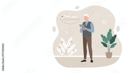 Mature man checks device at home with winter decor Technology integration for seniors