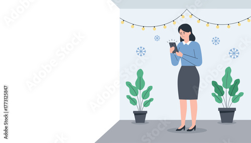 Stressed woman using smartphone in a winter office setting Holiday disappointment or loneliness concept