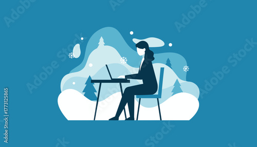 Remote worker productivity in a winter landscape Businesswoman using laptop outside