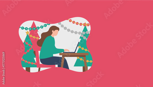 Festive remote work Woman uses laptop during Christmas holidays near decorated trees