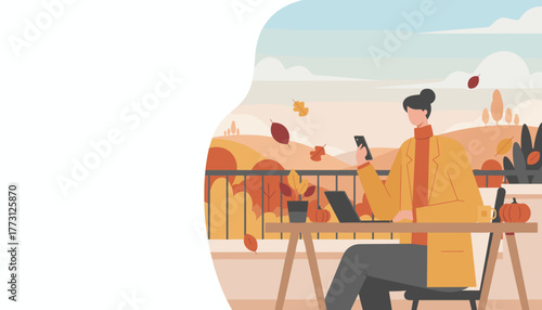 Remote work in autumn Woman on balcony using phone and laptop with scenic fall view