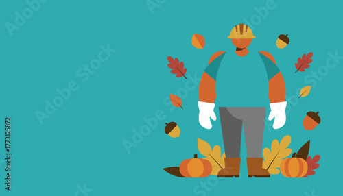 A construction worker illustration surrounded by autumn harvest elements and leaves Seasonal safety concept
