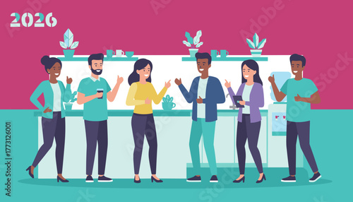 Happy diverse business team networking and planning goals for 2026 in a modern office