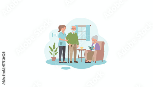 Caregiver supporting elderly couple in their home Professional senior healthcare and assisted living