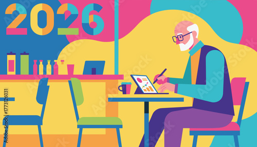 Senior man analyzes data on a tablet in a bright cafe focusing on 2026 future plans