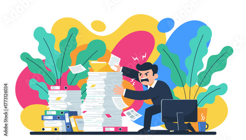 Overwhelmed businessman struggling with huge paperwork stack and job stress