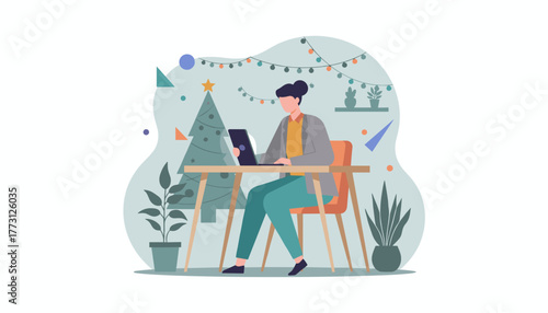 Woman working remotely at a festive home office desk with a decorated Christmas tree