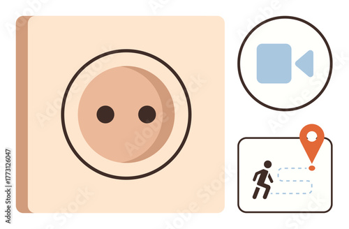 Outlet plugin, video camera icon, and navigation with location marker, showcasing power, video communication, and movement. Ideal for energy, technology, communication navigation connectivity