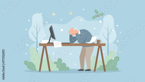 Overworked senior man sleeping at his computer desk during the winter holidays Business burnout
