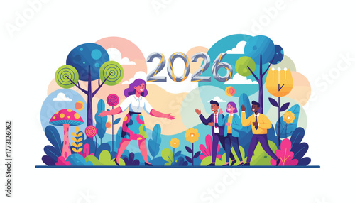 Business team embracing 2026 future goals in a colorful abstract nature setting