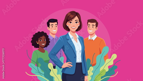 Diverse professional team led by a confident woman manager against a vibrant background