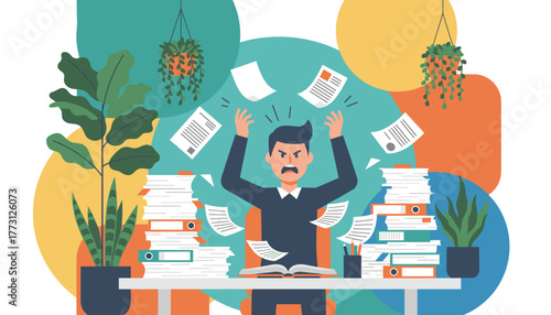Overwhelmed worker explodes in rage over endless documents and excessive workload Burnout concept