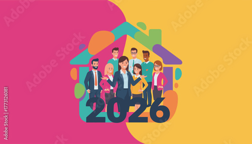 Diverse business team standing inside a colorful abstract house with the year 2026