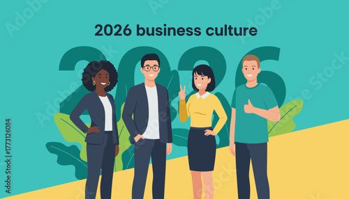 Diverse professional team illustration representing the positive 2026 business culture and future trends