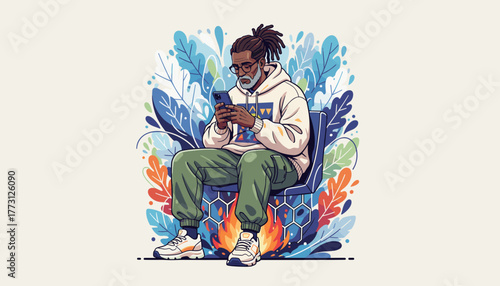 Stylish Black man checking smartphone while sitting surrounded by abstract nature and digital graphics