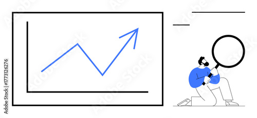 Line graph with upward trend analyzed by man holding magnifying glass. Ideal for progress, growth, analysis, business success, data review, problem-solving, research. Simple flat metaphor