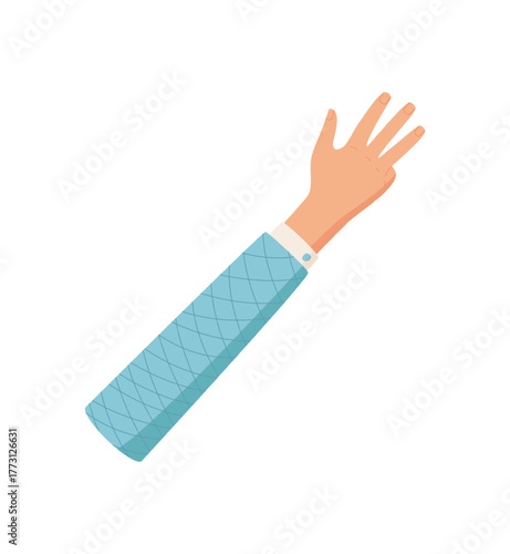 Flat cartoon hand gesture with four fingers up. Palm signal showing the number 4 in isolated format. Human hand with sleeve, professional icon for basic design.