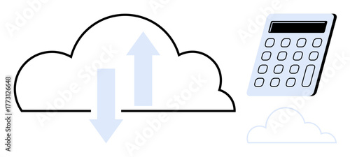 Cloud with up and down arrows symbolizing data transfer, next to a calculator. Ideal for technology, business efficiency, data management, cloud storage, innovation, finance and analytics. Simple