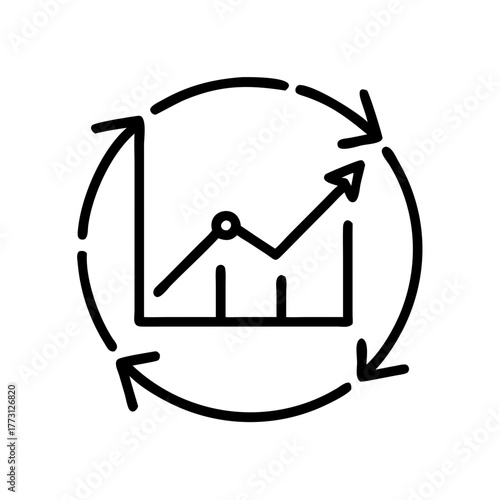 Line graph icon with circular arrows symbolizing growth and progress  