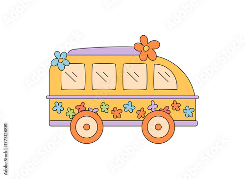 Groovy retro cartoon car in colorful style with cheerful flower and sticker motif. Hippie vehicle as groovy element, happy y2k and flower accent, vibrant cartoon for fun vintage theme.
